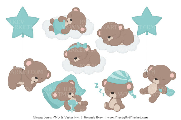 Aqua Sleepy Bears Clipart in Illustrations - product preview 2
