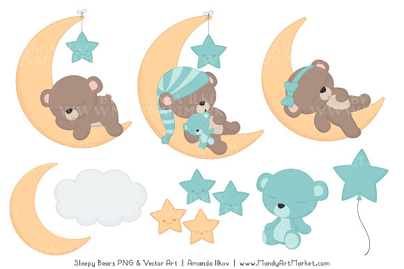 Aqua Sleepy Bears Clipart in Illustrations - product preview 3