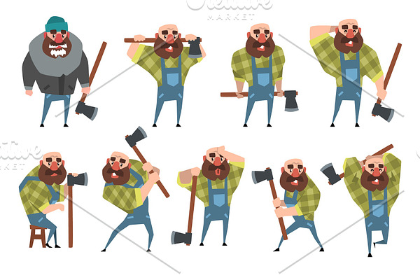 Set of funny bald lumberjack in