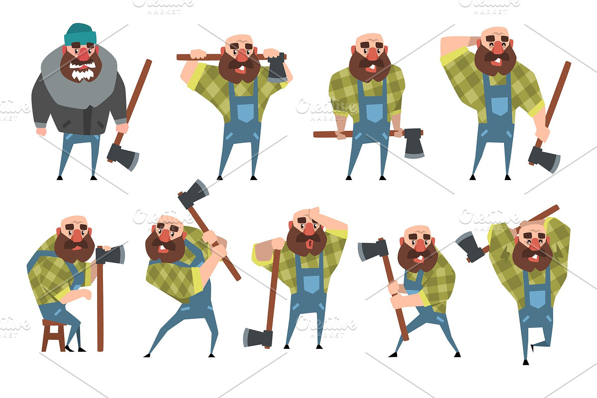 Set of funny bald lumberjack in in Illustrations - product preview 8