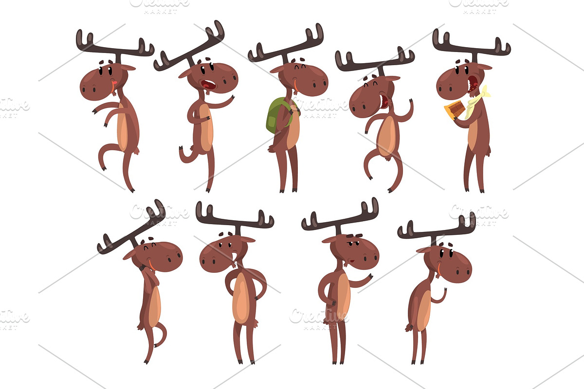Cartoon set of funny brown moose in in Illustrations - product preview 8