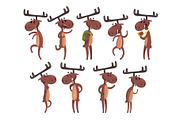 Cartoon set of funny brown moose in
