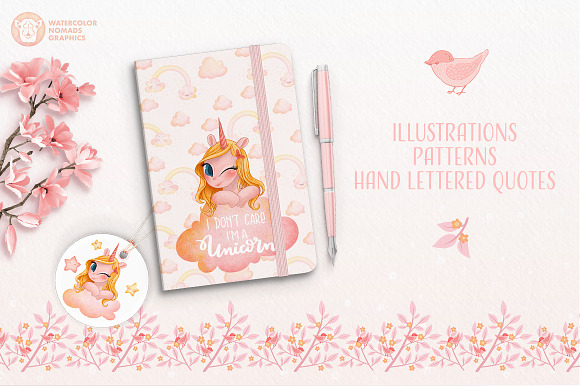 Girl Unicorn Clipart Set in Pink in Illustrations - product preview 1