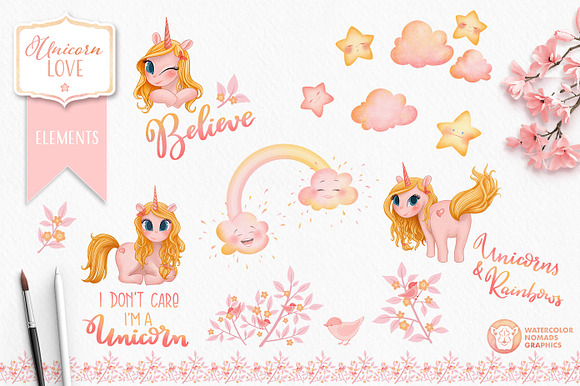 Girl Unicorn Clipart Set in Pink in Illustrations - product preview 2