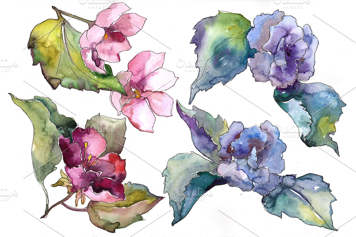 Pink and blue gardenia flowers PNG in Illustrations - product preview 8