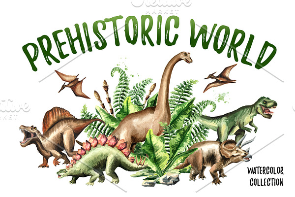 Prehistoric world. Watercolor bundle