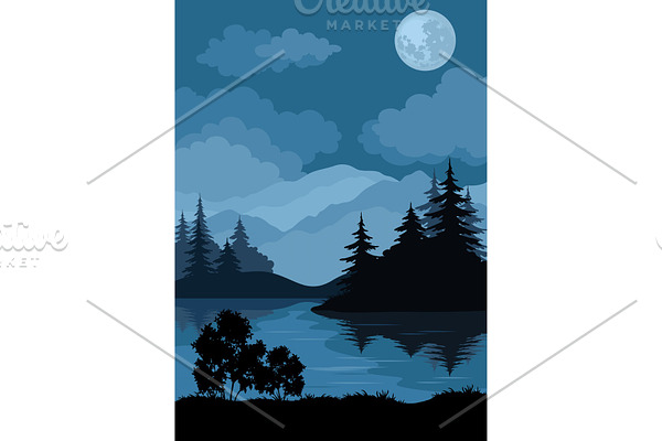 Landscape, Trees, Moon and Mountains