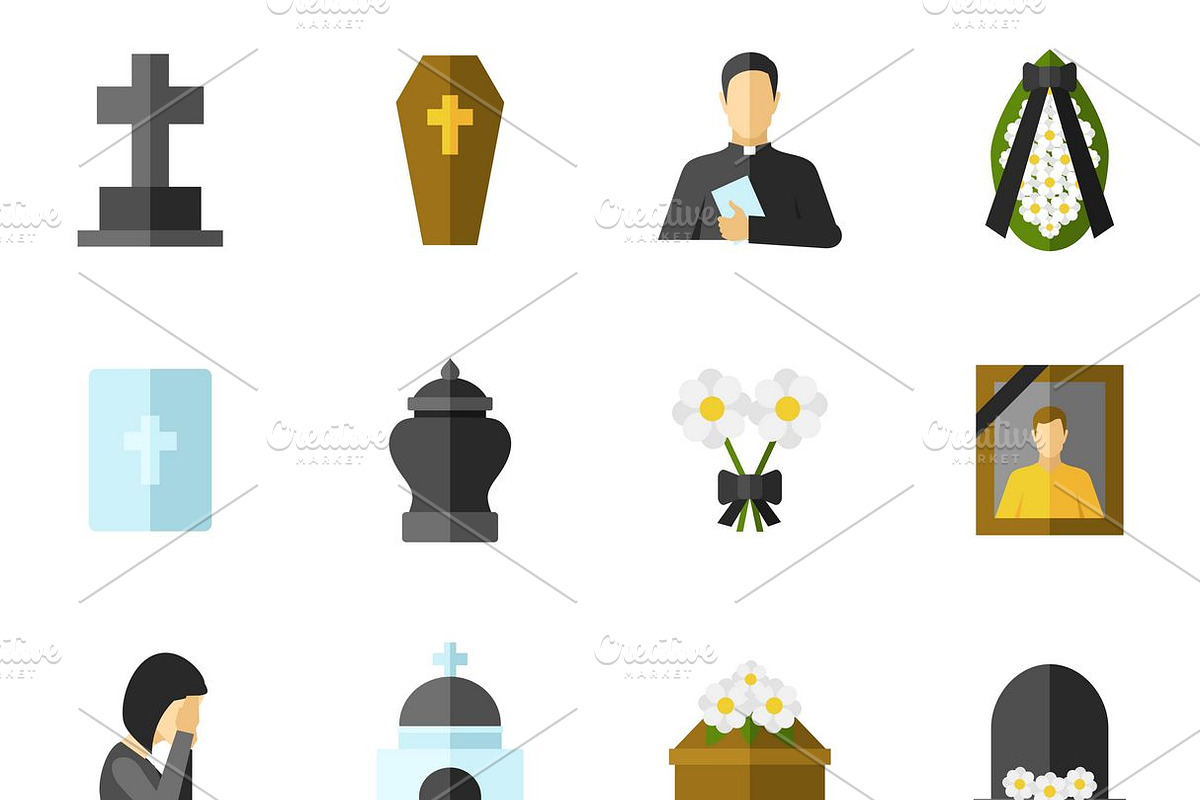 Funeral ceremony flat icons set in Icons - product preview 8