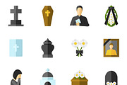 Funeral ceremony flat icons set