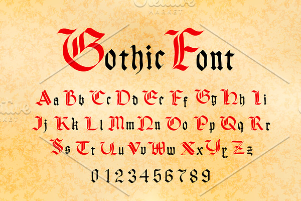 Bright red and black gothic letters