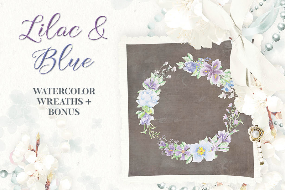 Watercolor wreaths in lilac and blue
