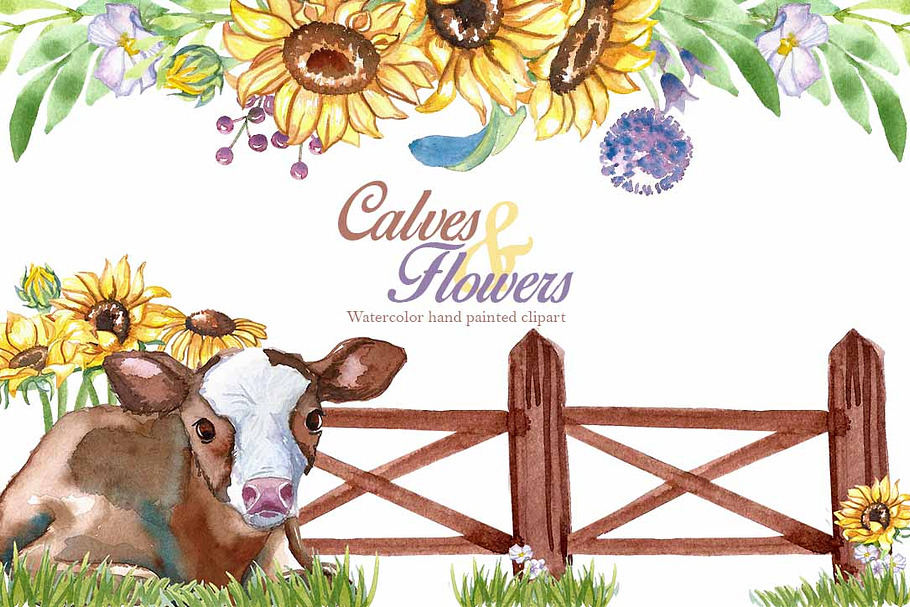 Calves & flowers watercolor clip art