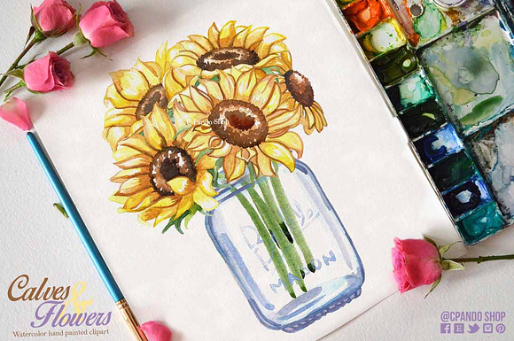 Calves & flowers watercolor clip art in Graphics - product preview 1