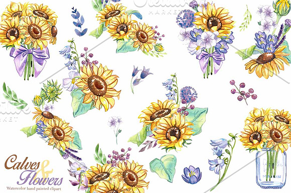 Calves & flowers watercolor clip art in Graphics - product preview 2