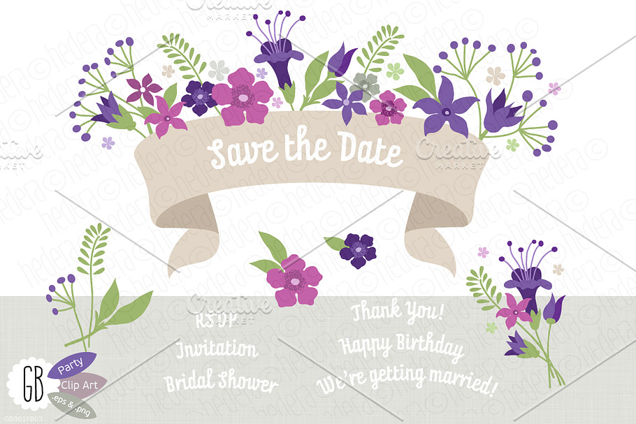 Folk flowers purple invite ribbon