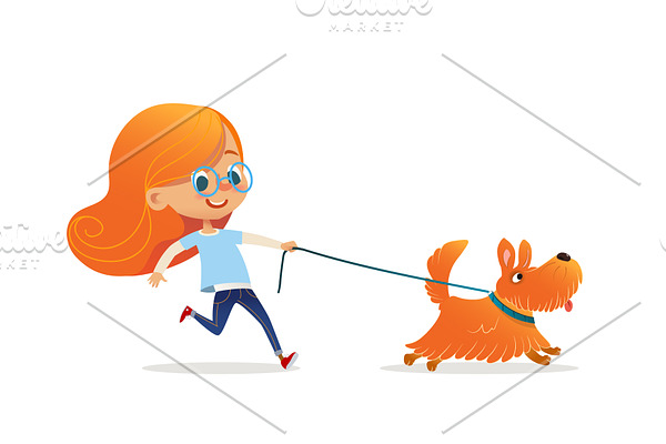 Funny girl walking puppy on leash