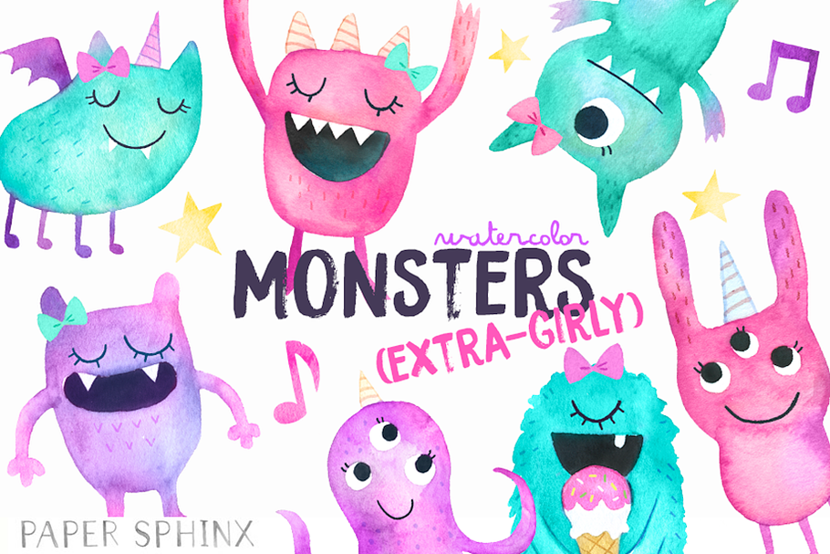 Watercolor Girly Monsters Pack in Illustrations - product preview 8