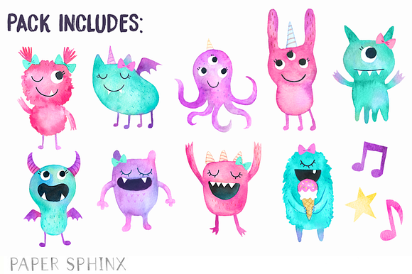 Watercolor Girly Monsters Pack in Illustrations - product preview 1