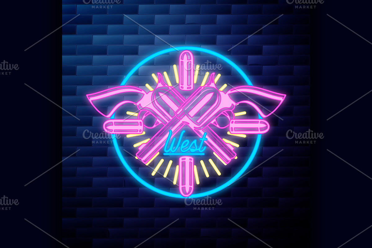 Vntage wild west emblem glowing neon in Illustrations - product preview 8