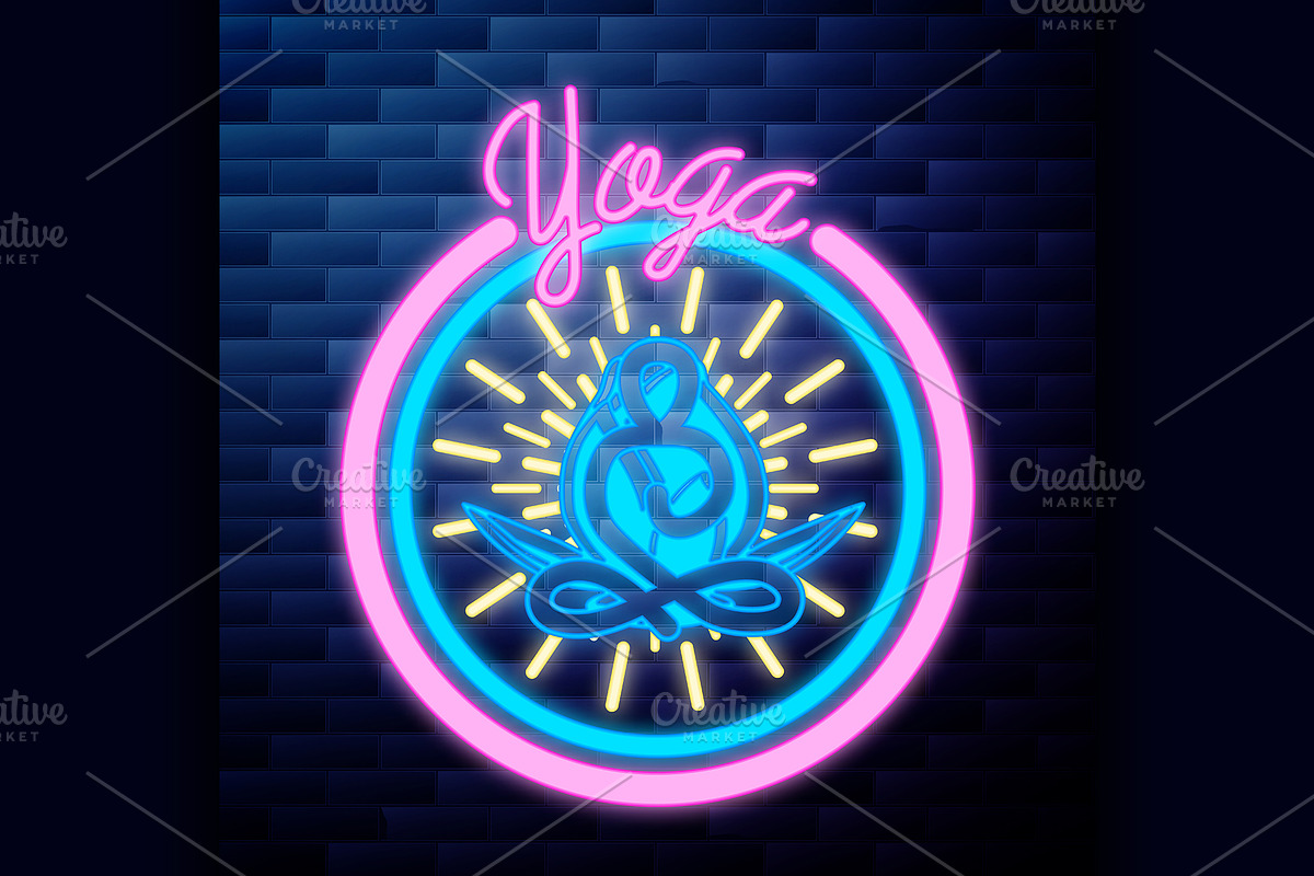 Vintage yoga emblem glowing neon in Illustrations - product preview 8