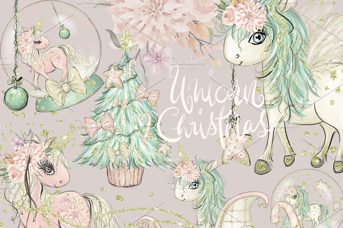 Unicorn Clipart, Christmas Clipart in Illustrations - product preview 8