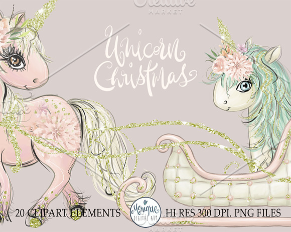 Unicorn Clipart, Christmas Clipart in Illustrations - product preview 3