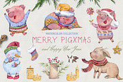 Merry pigsmas. Watercolor collection