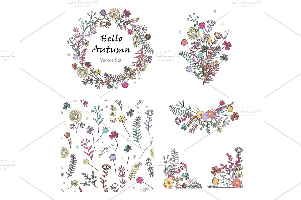 Doodle set with floral design in Illustrations - product preview 8