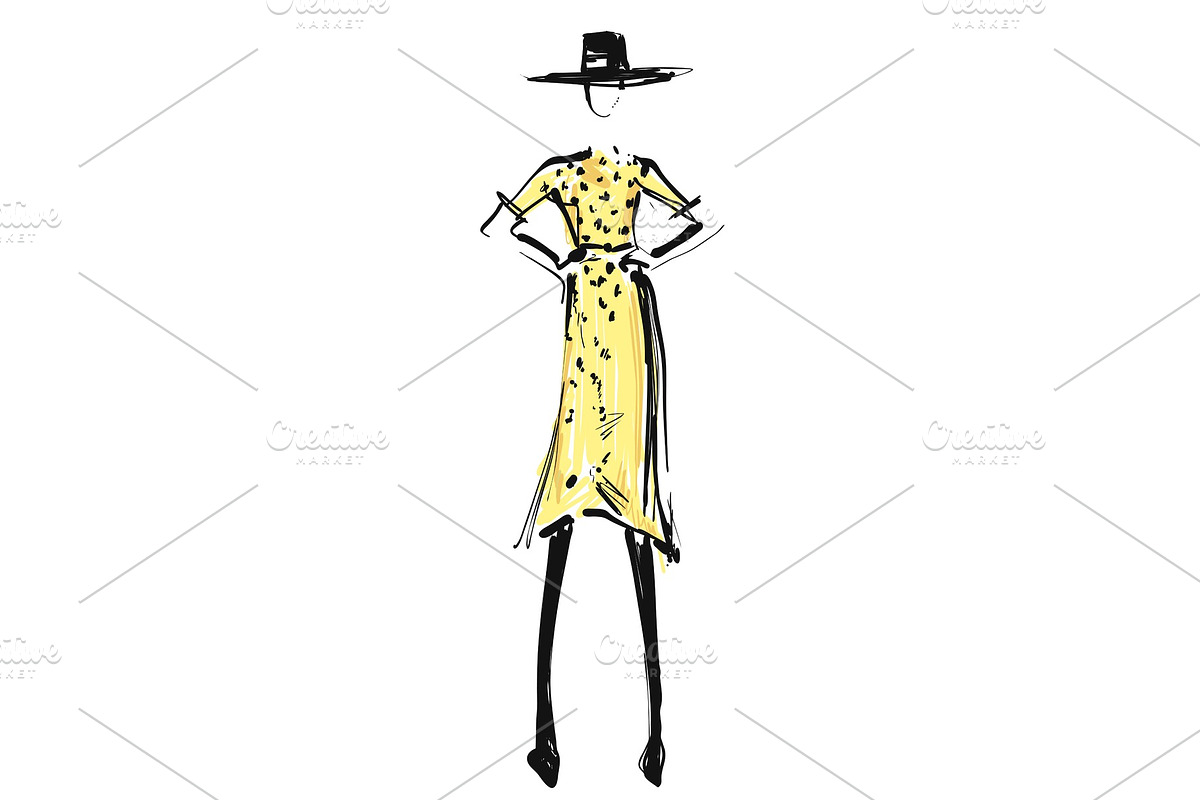Woman in the yellow dress and hat in Illustrations - product preview 8