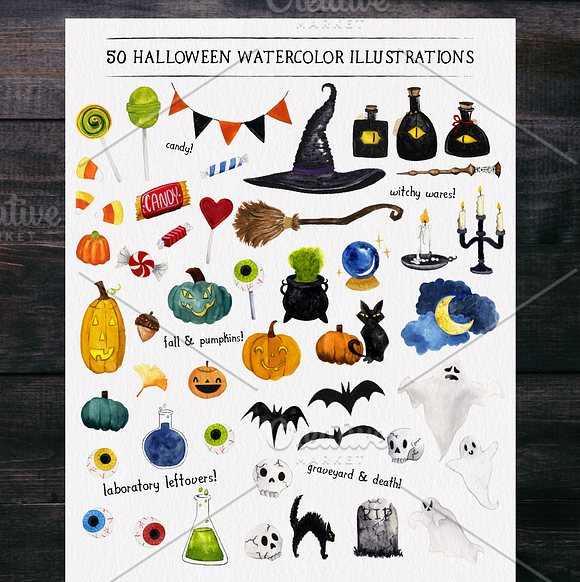 50 halloween watercolors in Illustrations - product preview 3