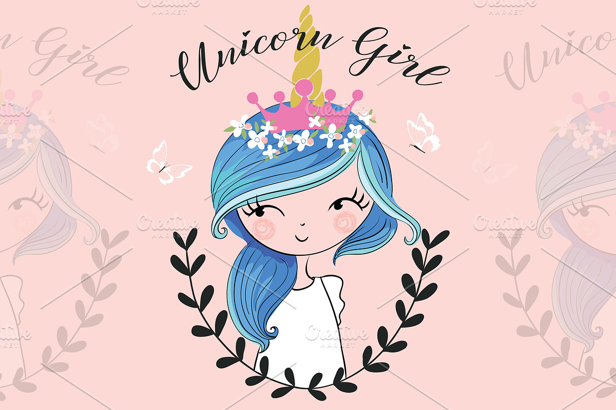 Unicorn girl print.Cartoon character in Illustrations - product preview 8