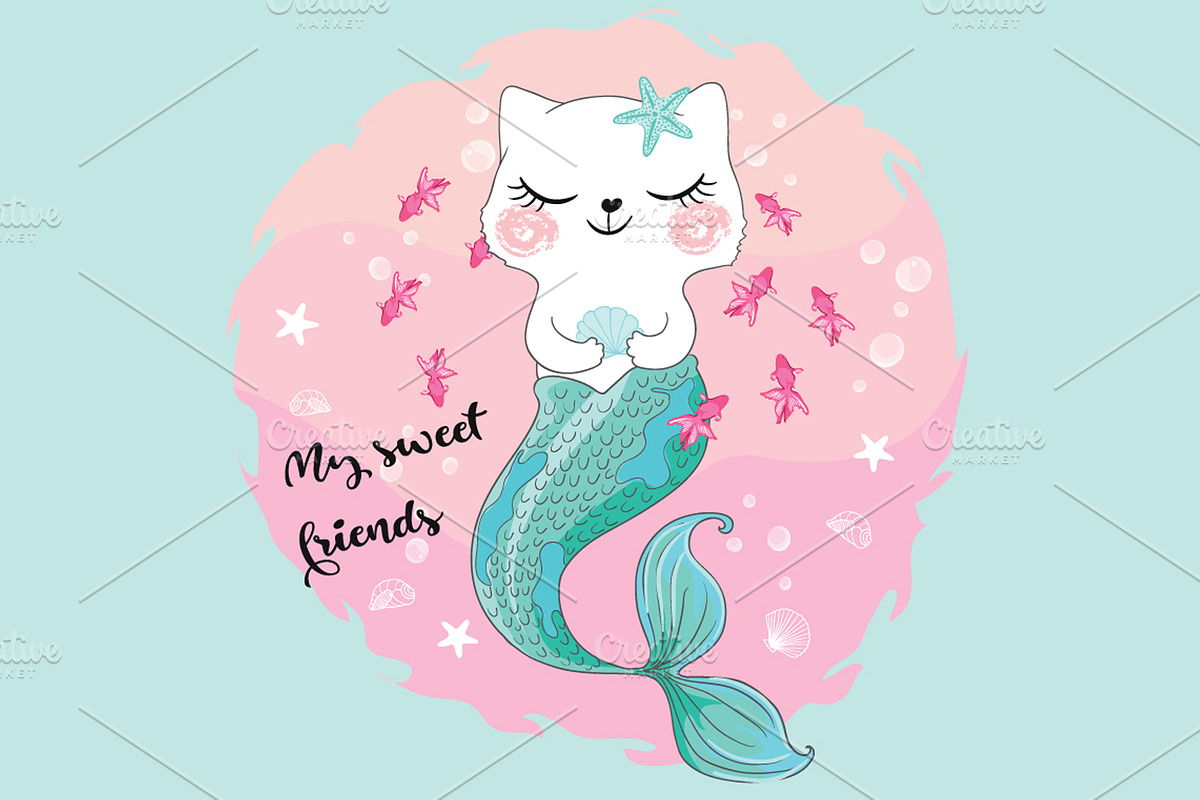 Cute cat mermaid vector.Cat girl. in Illustrations - product preview 8