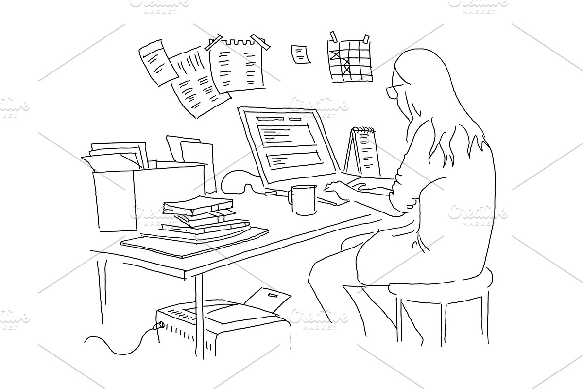 The girl is working at the table in Illustrations - product preview 8