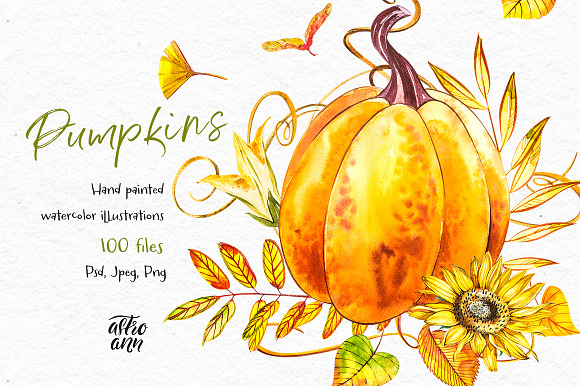 Pumpkins watercolor collection in Illustrations - product preview 3