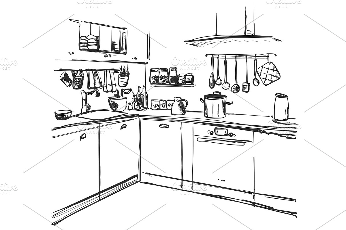 Kitchen interior drawing, vector in Objects - product preview 8