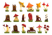 Funny mushrooms characters set