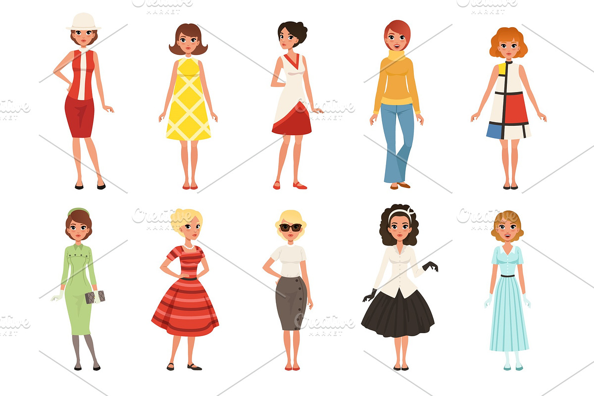 Young women wearing retro clothing in Illustrations - product preview 8