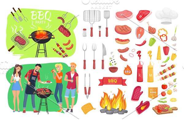 BBQ Party Set People Cooking Vector