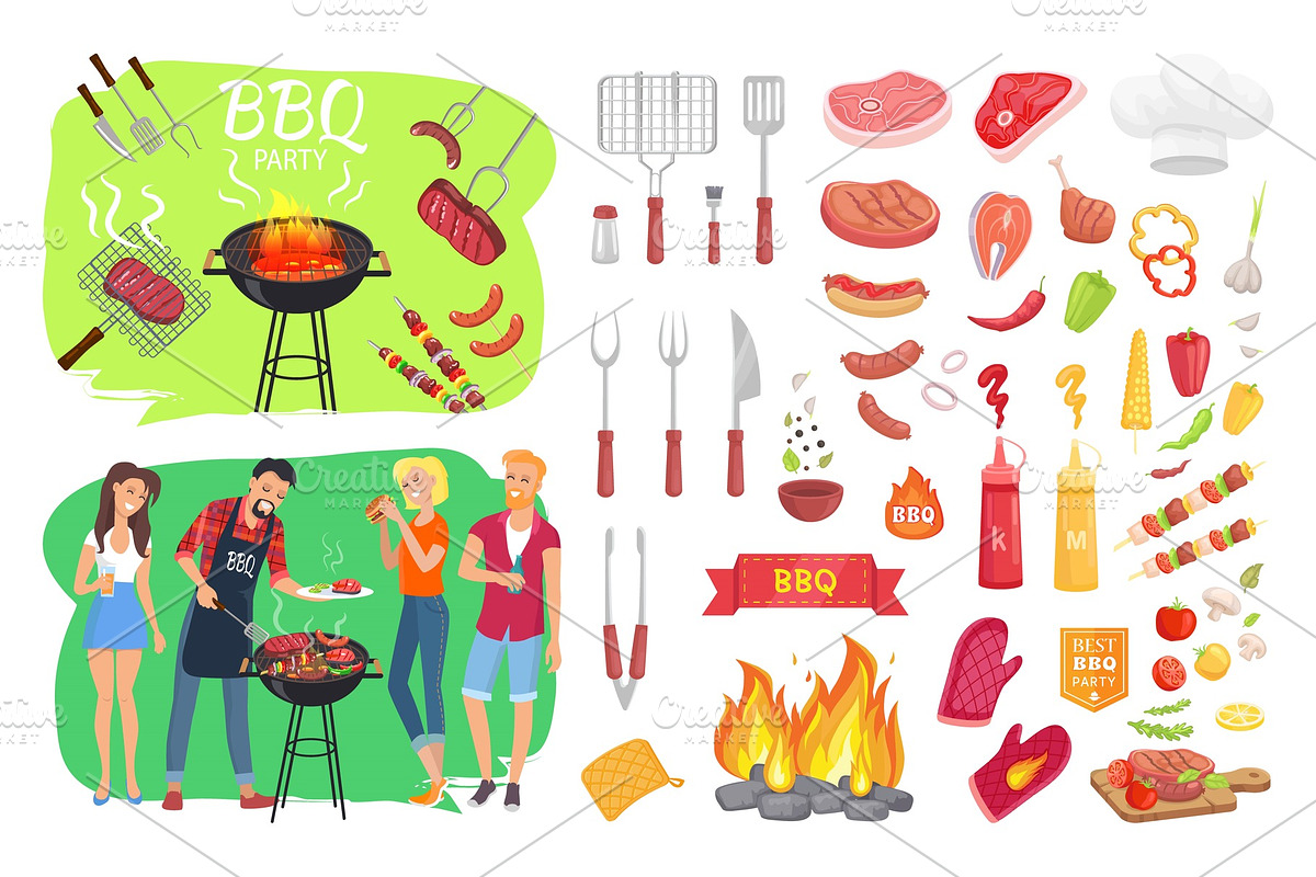 BBQ Party Set People Cooking Vector in Illustrations - product preview 8