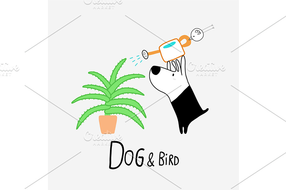 Dog & Bird watering an Aloe Vera in Illustrations - product preview 8
