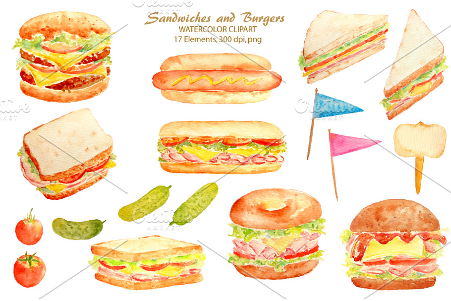 Watercolor Sandwich Burger Hotdog