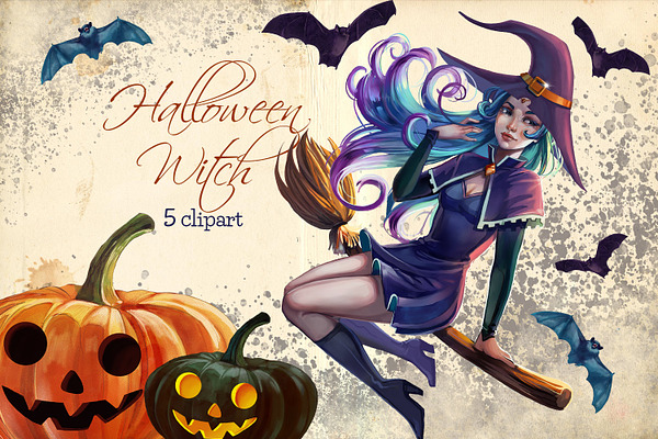 Halloween witch clipart, pumpkin