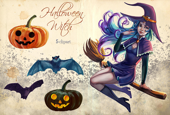 Halloween witch clipart, pumpkin in Illustrations - product preview 1