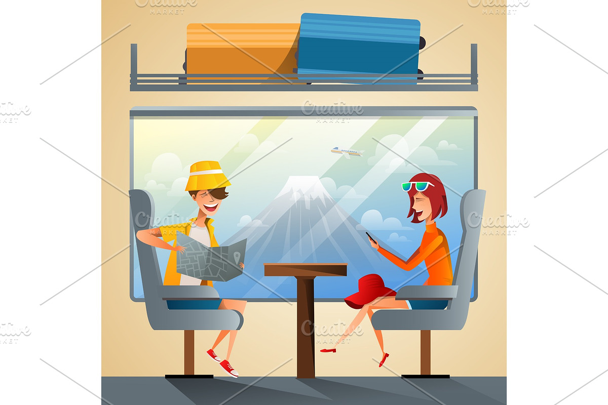Couple tourists traveling by train in Illustrations - product preview 8