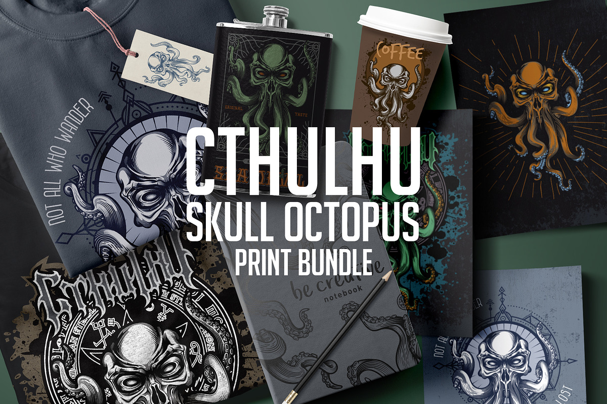 Cthulhu skull octopus PRINT BUNDLE in Illustrations - product preview 8