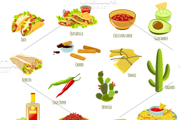 Mexican national food icon set