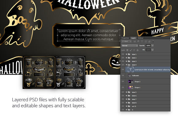 Halloween Design Golden Labels Set in Illustrations - product preview 2