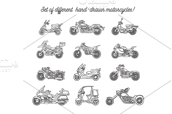 Set of hand-drawn motorcycles in Illustrations - product preview 1