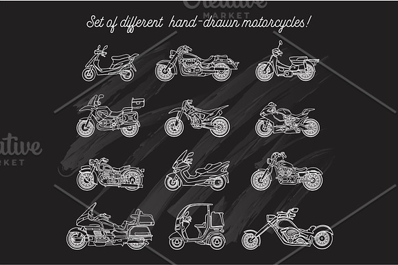 Set of hand-drawn motorcycles in Illustrations - product preview 2
