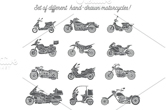 Set of hand-drawn motorcycles in Illustrations - product preview 3